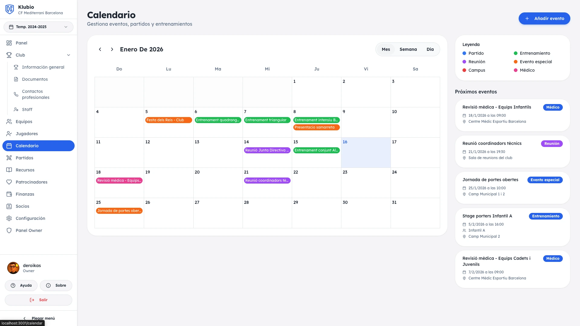 Calendario de eventos en Klubio