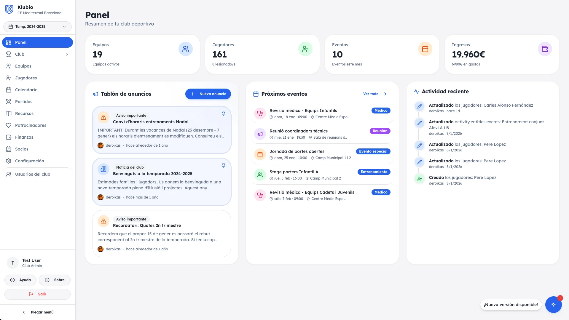 Klubio Dashboard - Panel de control del club